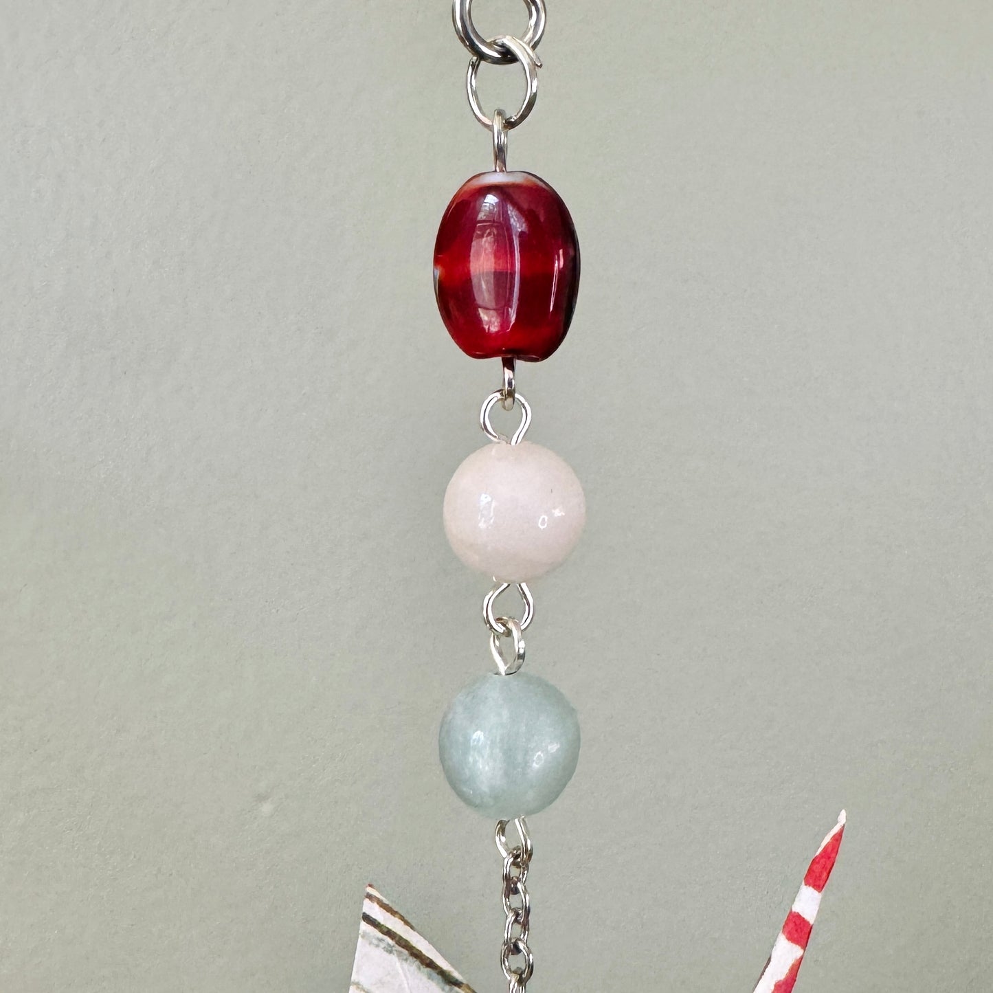 Origami Ornament #2444 - Small Crane with Stone and Ceramic Beads