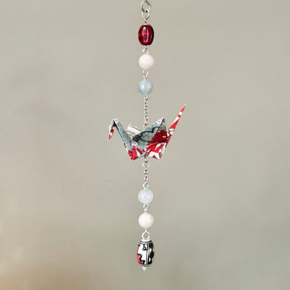 Origami Ornament #2444 - Small Crane with Stone and Ceramic Beads