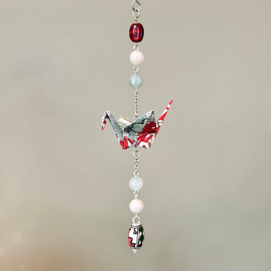 Origami Ornament #2444 - Small Crane with Stone and Ceramic Beads