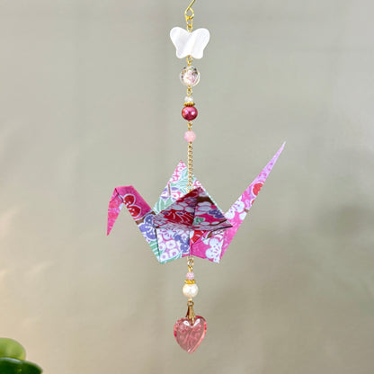 Origami Ornament #2371 - Large Crane with Glass Heart Pendant