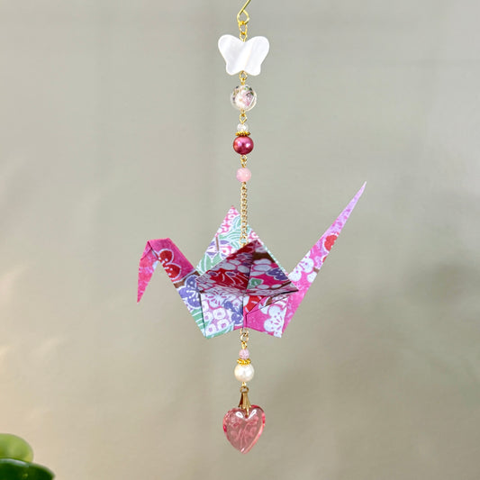 Origami Ornament #2371 - Large Crane with Glass Heart Pendant