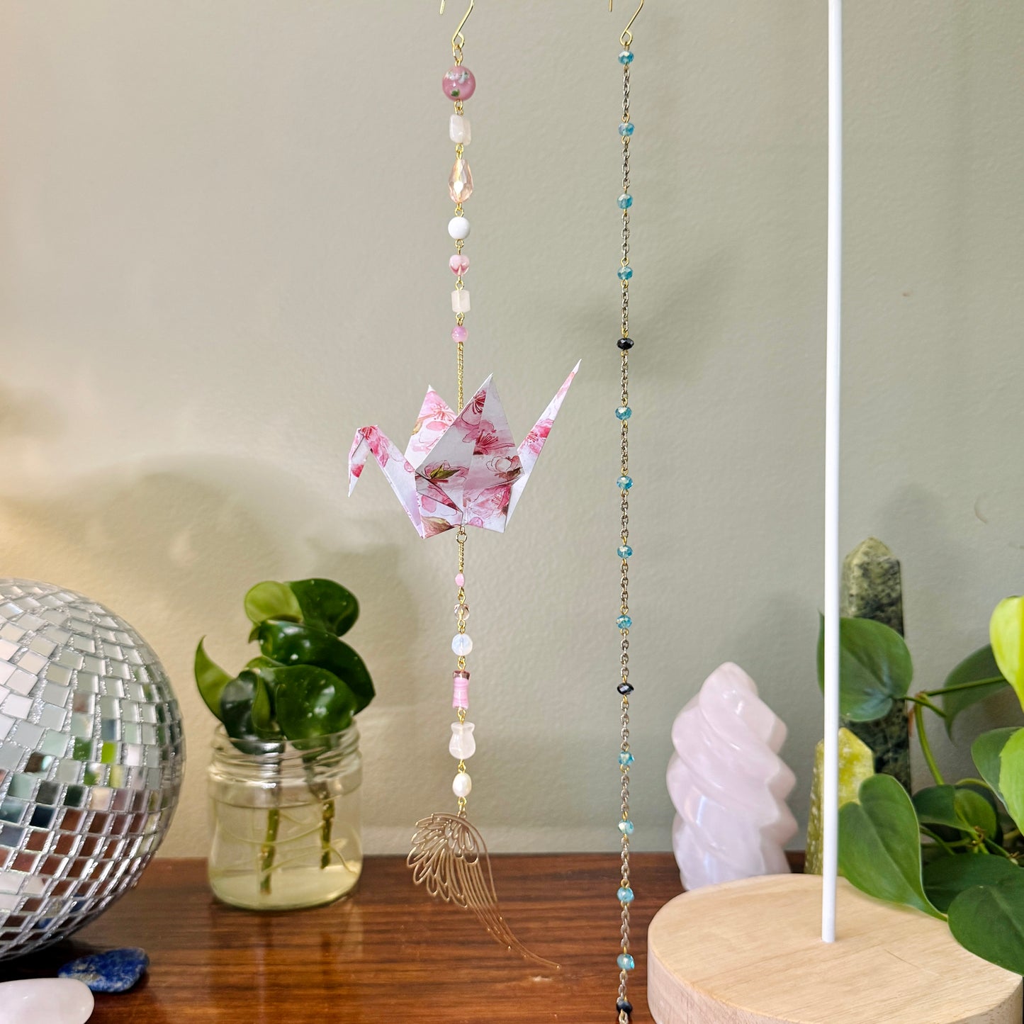 Origami Ornament #2189 - Large Crane with Angel Wing Pendant