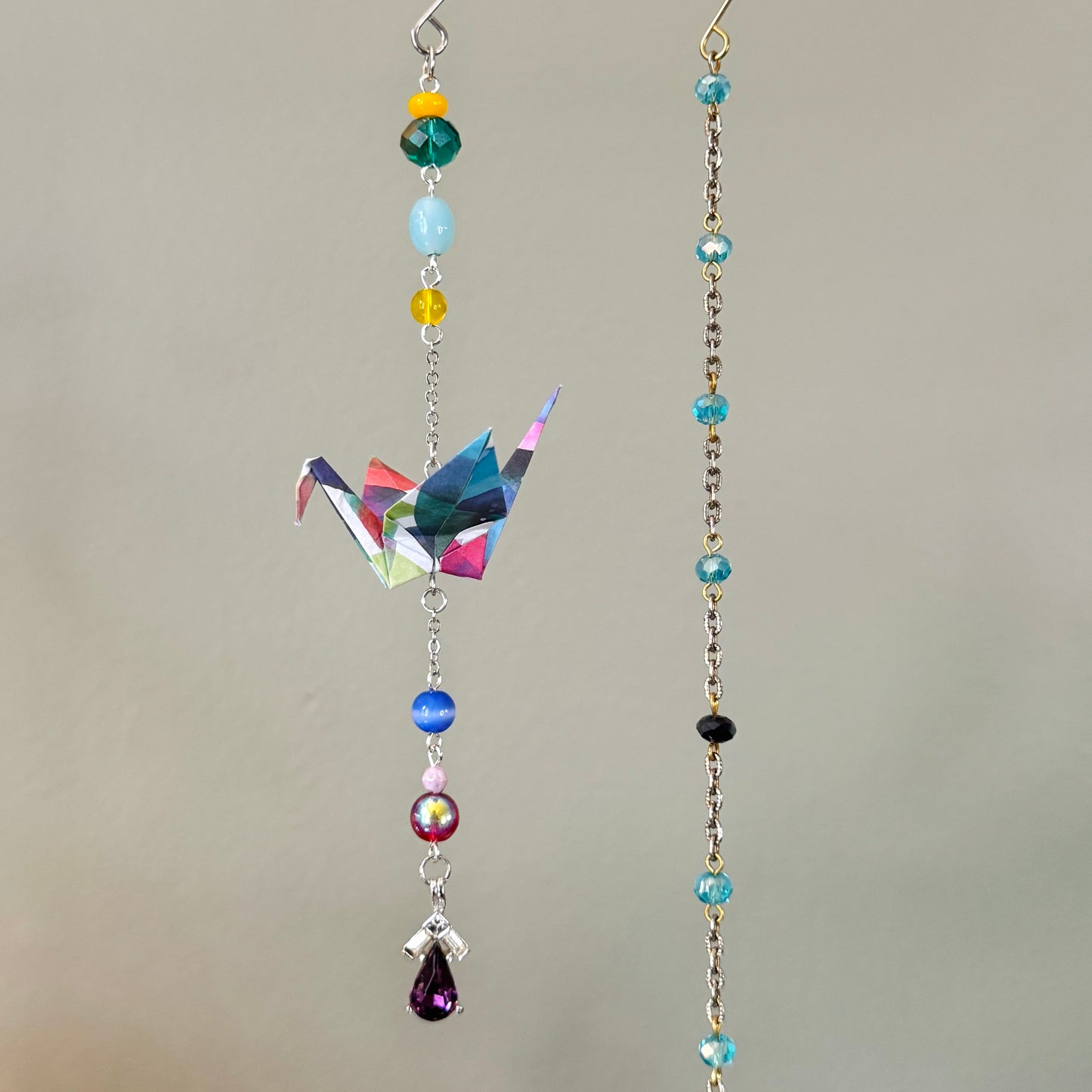 Origami Ornament #2450 - Small Crane with Repurposed Jewelry