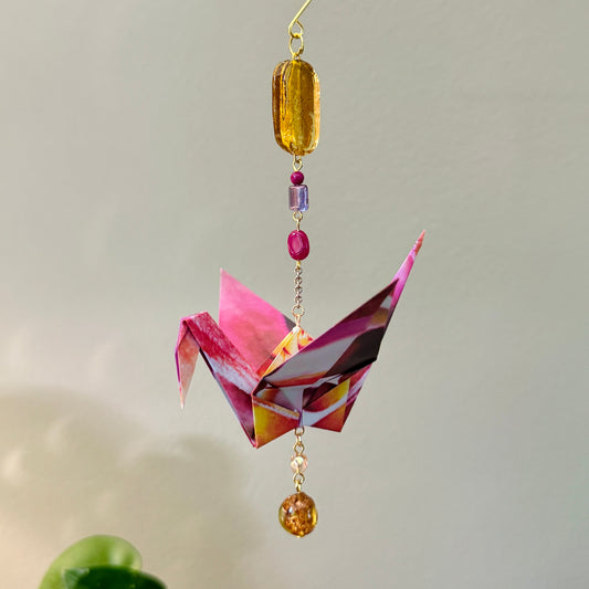 Origami Ornament #2214 - Large Crane with Repurposed Glass Beads