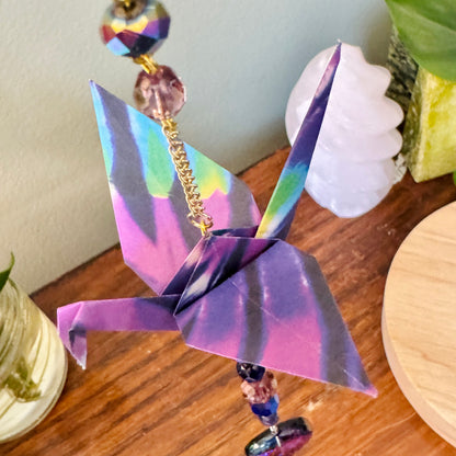 Origami Ornament #2212 - Medium Crane with Glass Beads and Art Glass Pendant