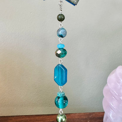 Origami Ornament #2463 - Large Crane with Repurposed Wire-Wrapped Pendant