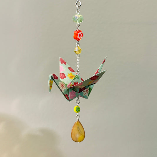 Origami Ornament #2204 - Medium Crane with Repurposed Beads