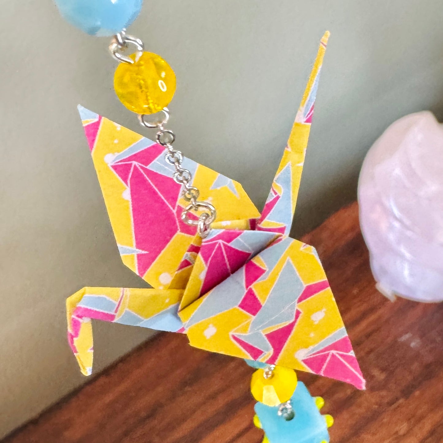 Origami Ornament #2448 - Small Crane with Glass and Silicone Beads