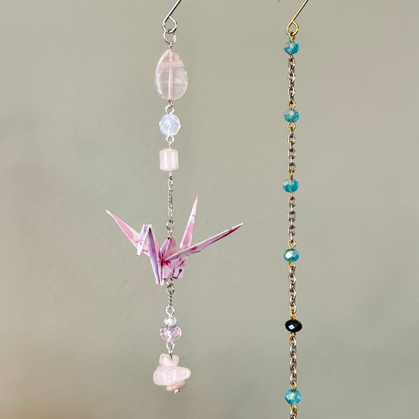 Origami Ornament #2443 - Small Crane with Glass and Rose Quartz Beads