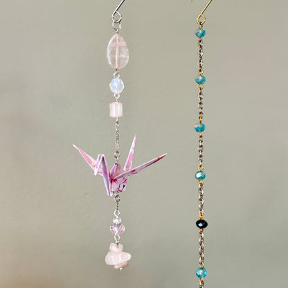 Origami Ornament #2443 - Small Crane with Glass and Rose Quartz Beads