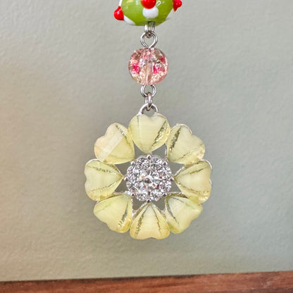 Origami Ornament #2459 - Medium Crane with Glass Flower Pendant