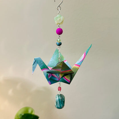 Origami Ornament #2216 - Large Crane with Succulent Pattern