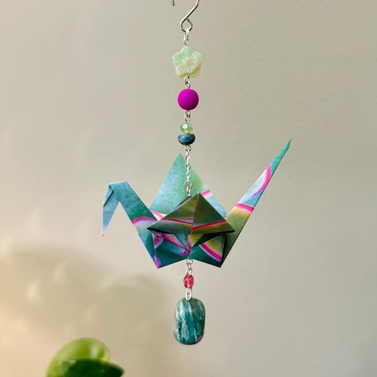 Origami Ornament #2216 - Large Crane with Succulent Pattern