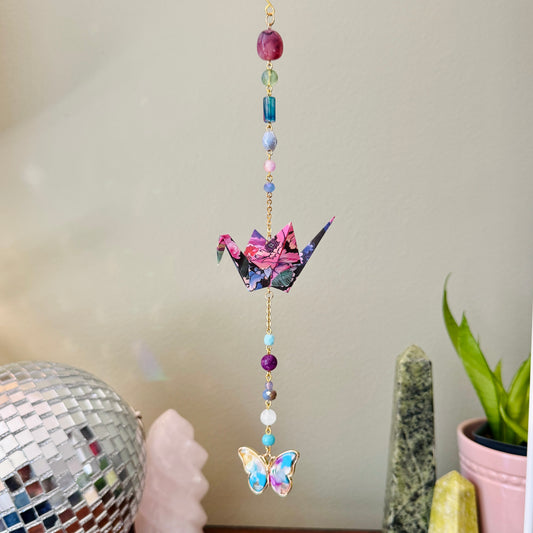 Origami Ornament #2021 - Medium Crane with Butterfly Pendant