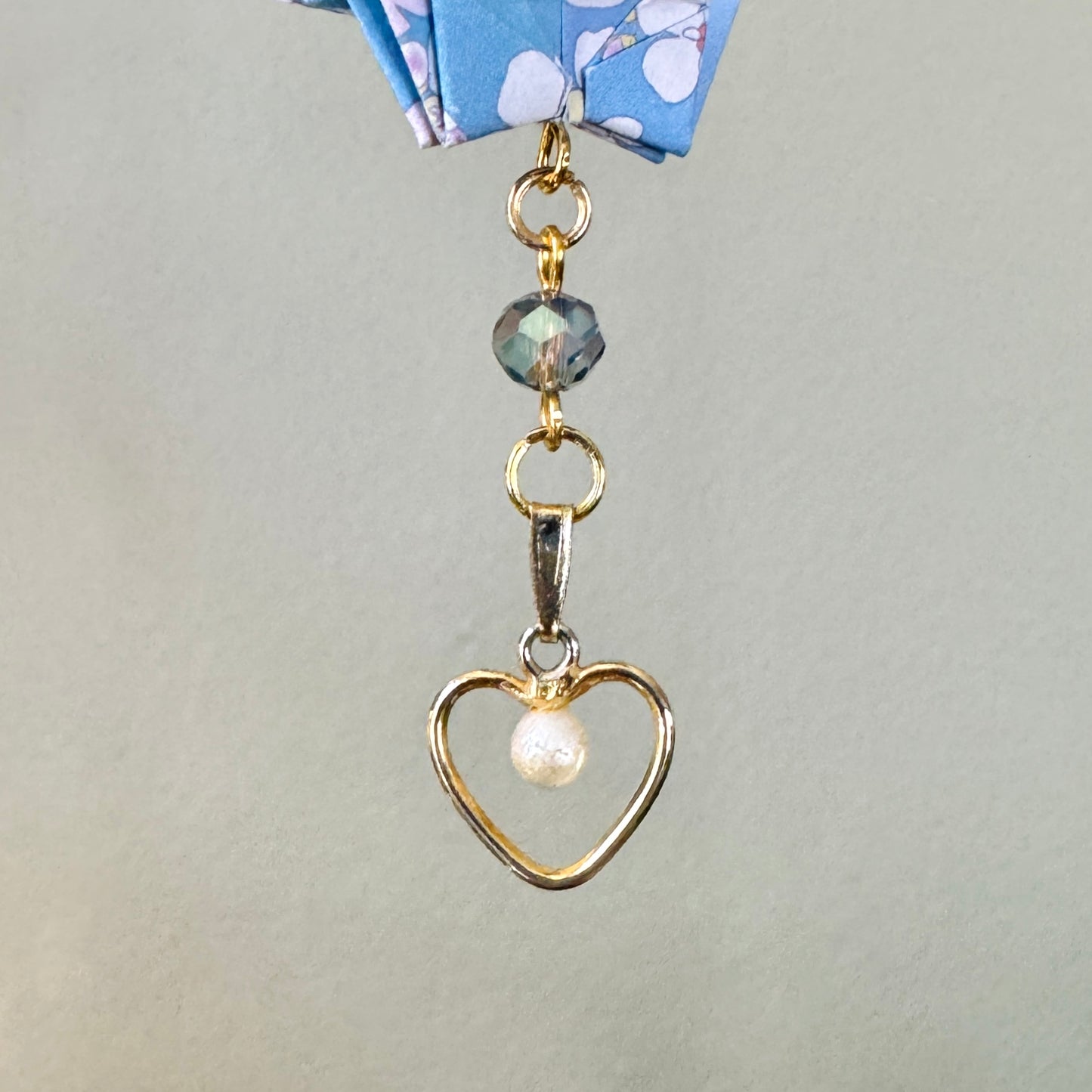 Origami Ornament #2441 - Small Crane with Repurposed Heart Pendant