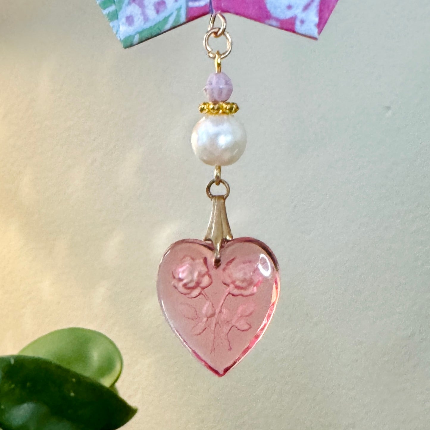 Origami Ornament #2371 - Large Crane with Glass Heart Pendant