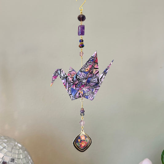 Origami Ornament #2460 - Large Crane with Cloissone Pendant