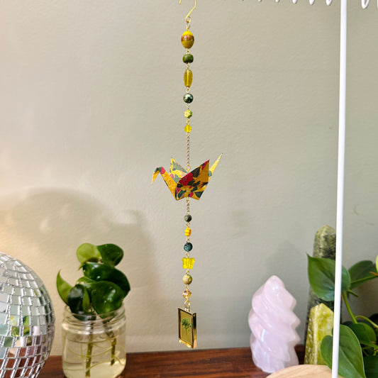 Origami Ornament #2183 - Medium Crane with Pressed Flower Pendant