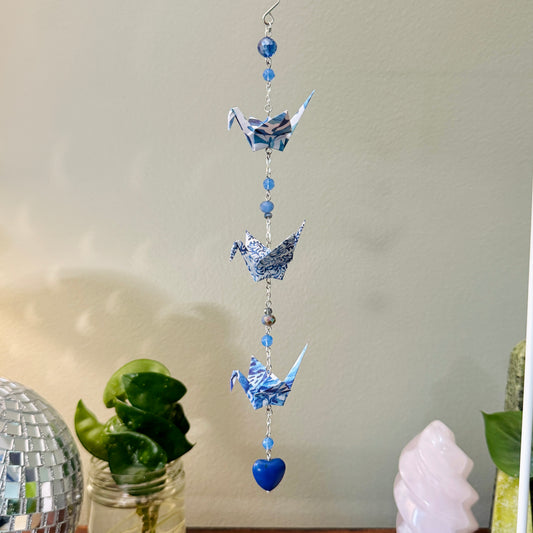 Origami Ornament #2209 - Triple Small Crane with Blue Stone Heart