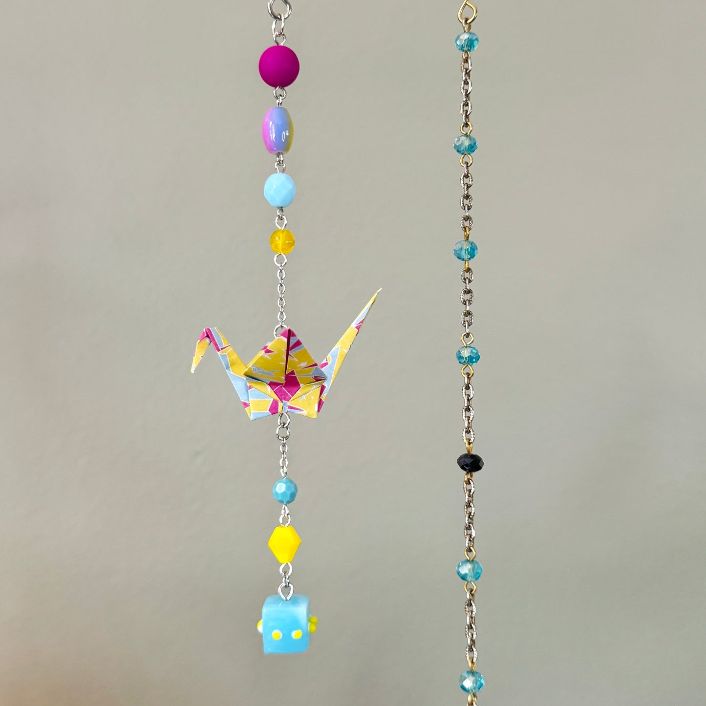 Origami Ornament #2448 - Small Crane with Glass and Silicone Beads