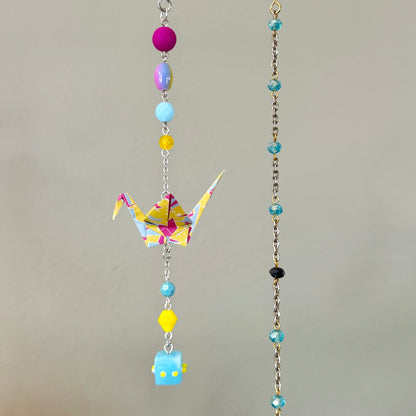 Origami Ornament #2448 - Small Crane with Glass and Silicone Beads