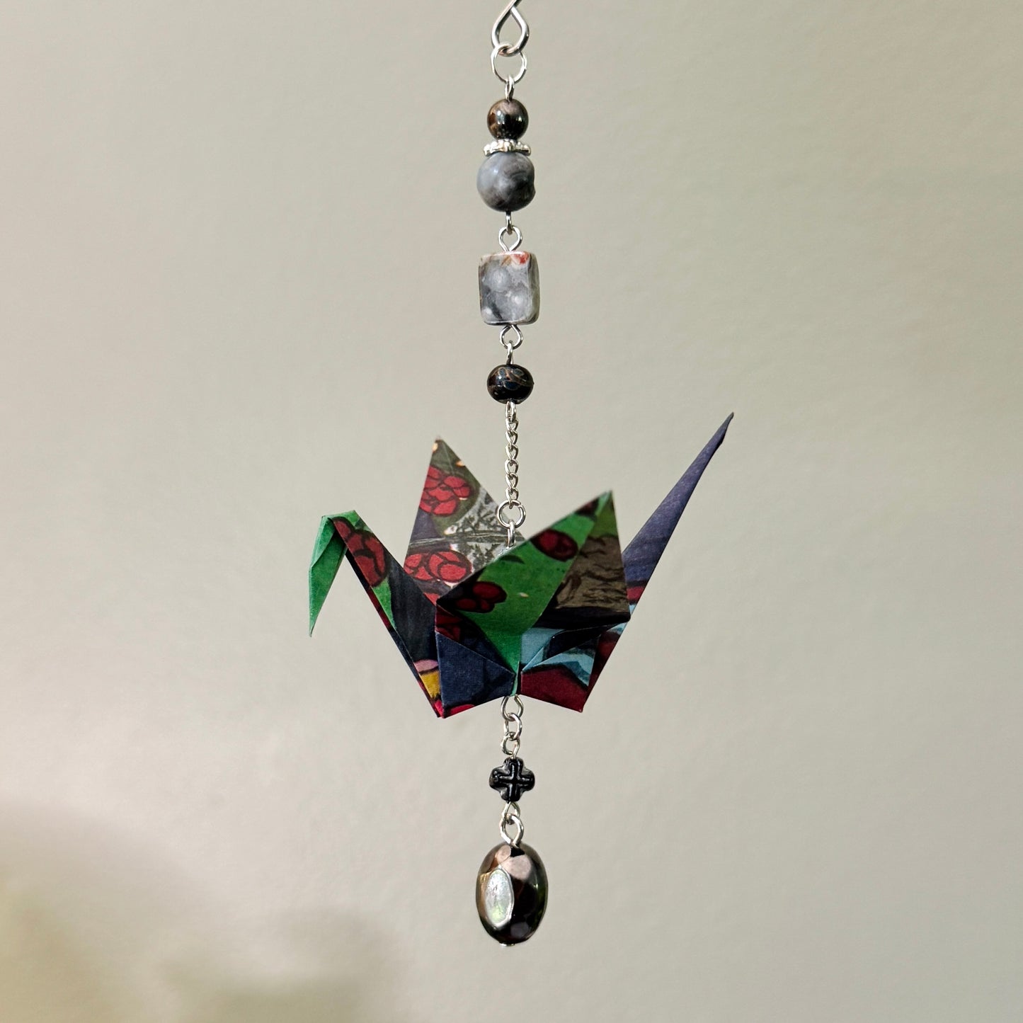 Origami Ornament #2176 - Medium Crane with Repurposed Beads