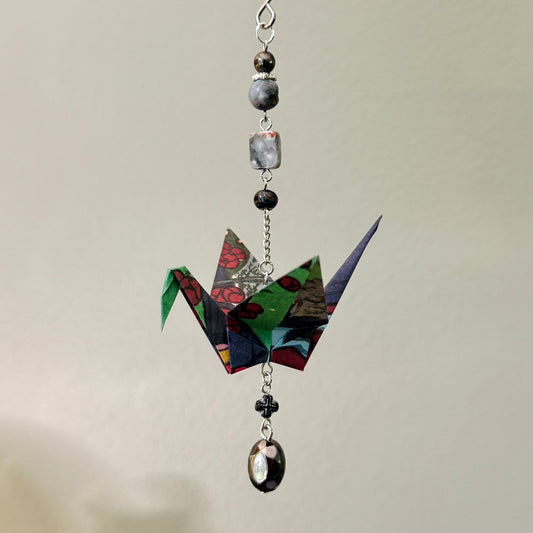 Origami Ornament #2176 - Medium Crane with Repurposed Beads