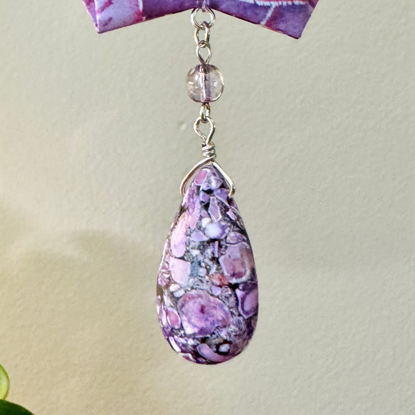 Origami Ornament #2215 - Large Crane with Stone Beads and Pendant