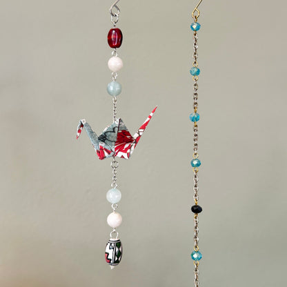 Origami Ornament #2444 - Small Crane with Stone and Ceramic Beads