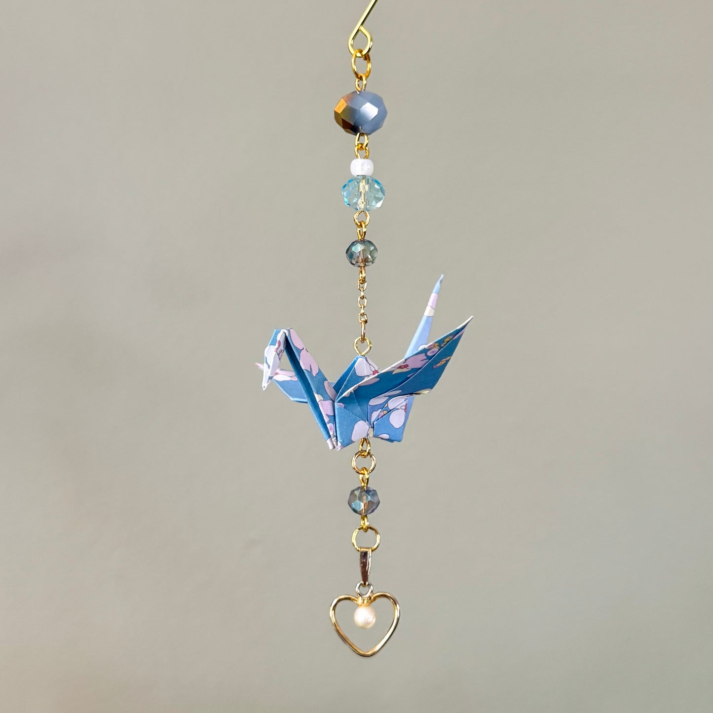 Origami Ornament #2441 - Small Crane with Repurposed Heart Pendant