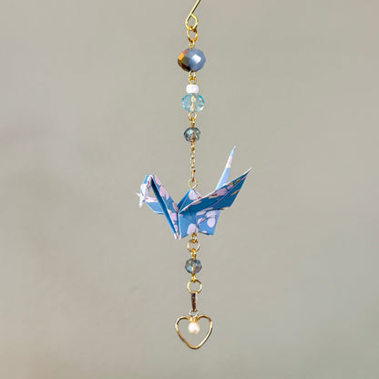 Origami Ornament #2441 - Small Crane with Repurposed Heart Pendant