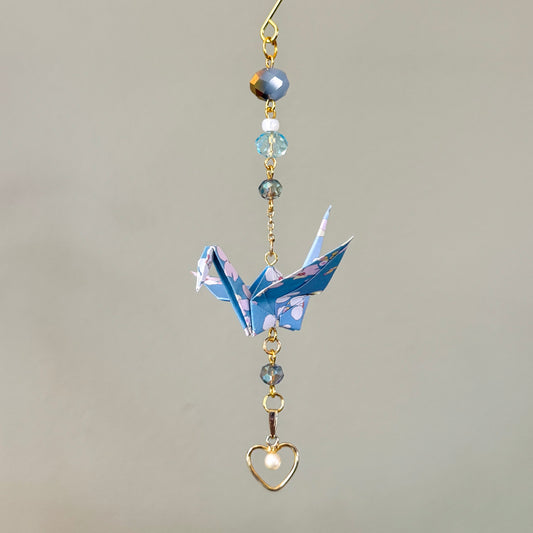 Origami Ornament #2441 - Small Crane with Repurposed Heart Pendant