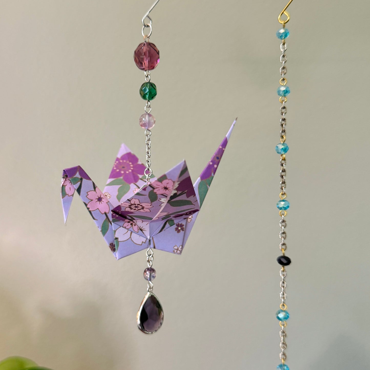 Origami Ornament #2136 - Large Crane with Repurposed Pendant