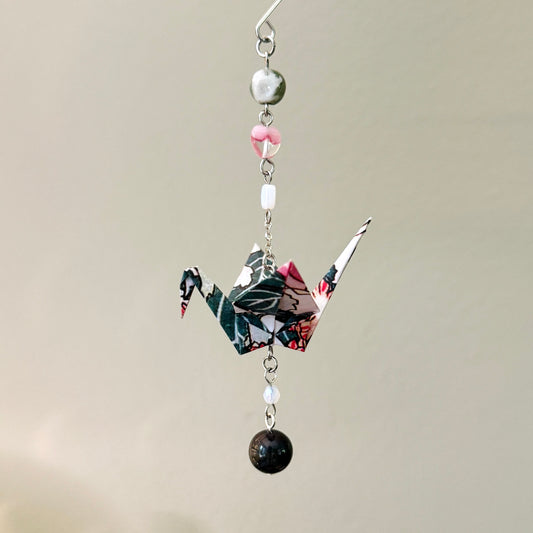 Origami Ornament #2146 - Small Crane with Stone and Glass Beads