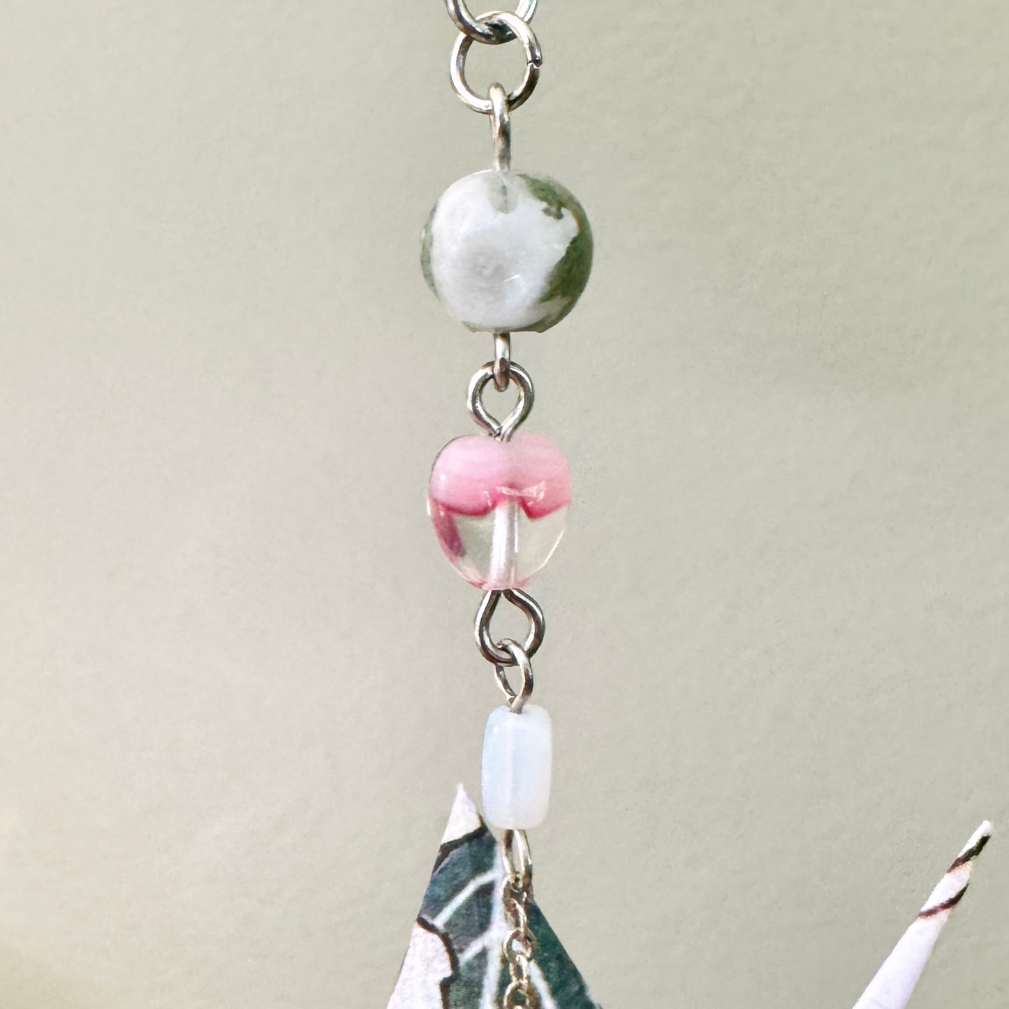 Origami Ornament #2146 - Small Crane with Stone and Glass Beads