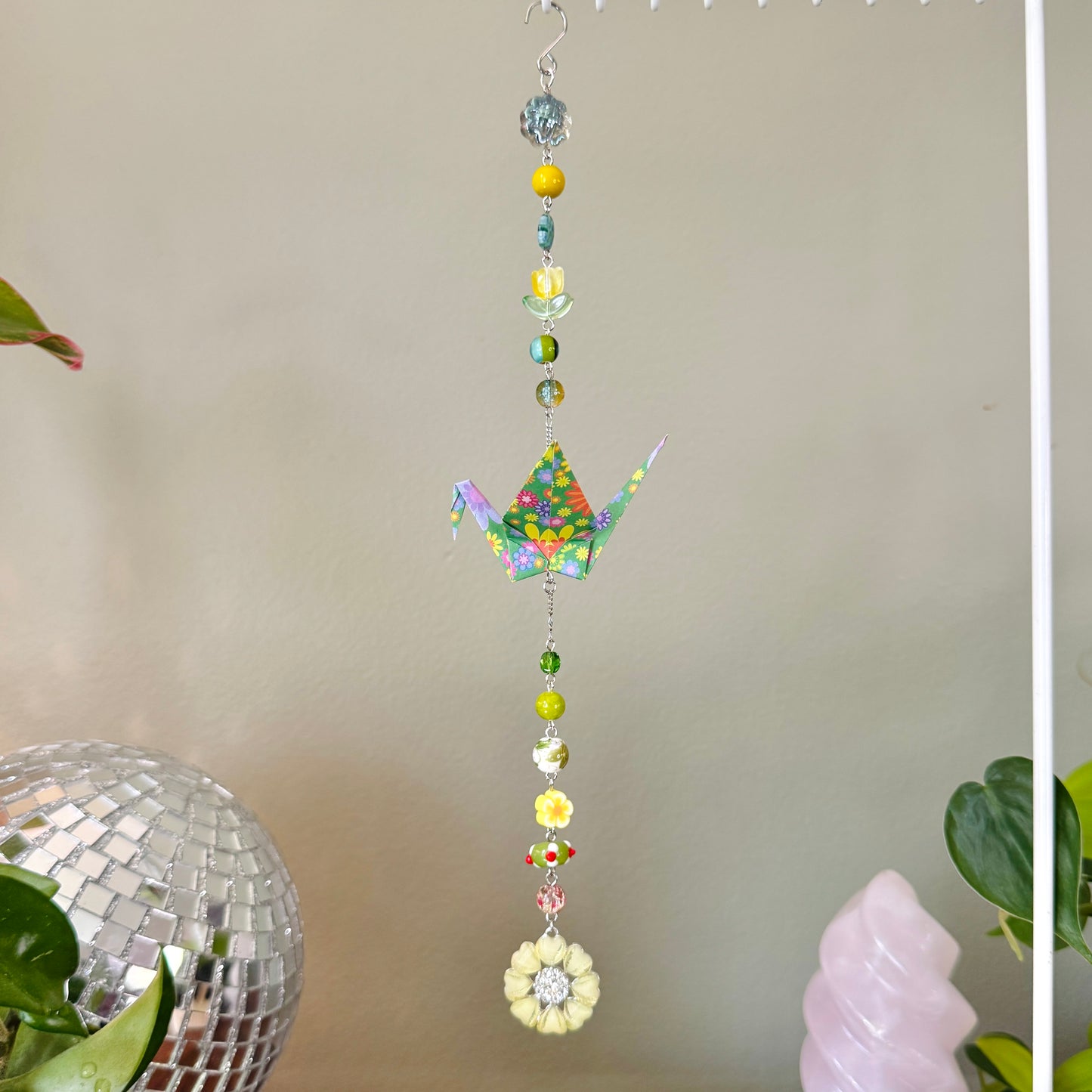 Origami Ornament #2459 - Medium Crane with Glass Flower Pendant