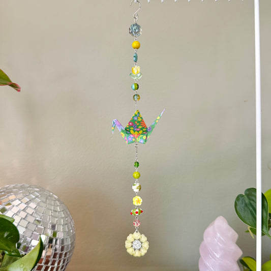 Origami Ornament #2459 - Medium Crane with Glass Flower Pendant