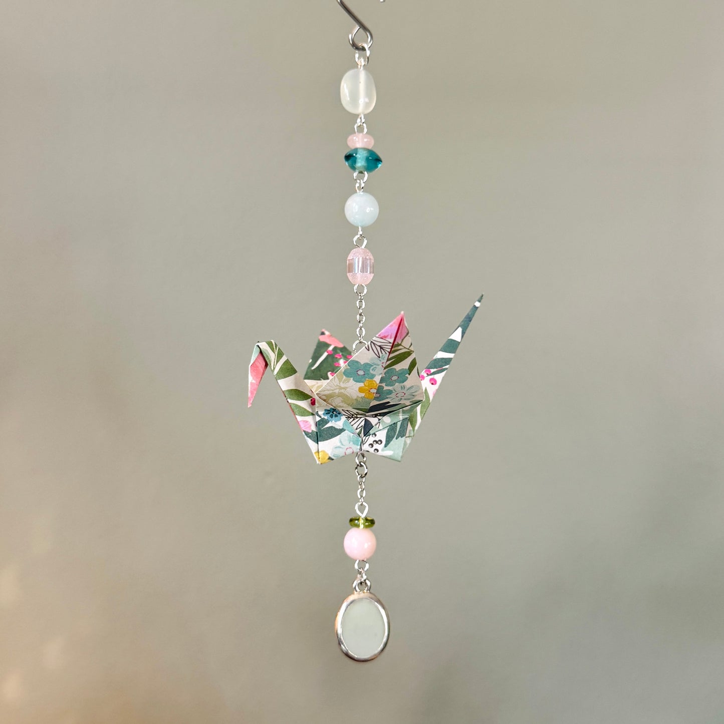 Origami Ornament #2451 - Medium Crane with Repurposed Pendant