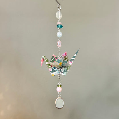 Origami Ornament #2451 - Medium Crane with Repurposed Pendant