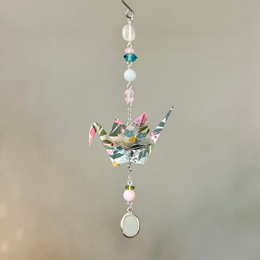 Origami Ornament #2451 - Medium Crane with Repurposed Pendant