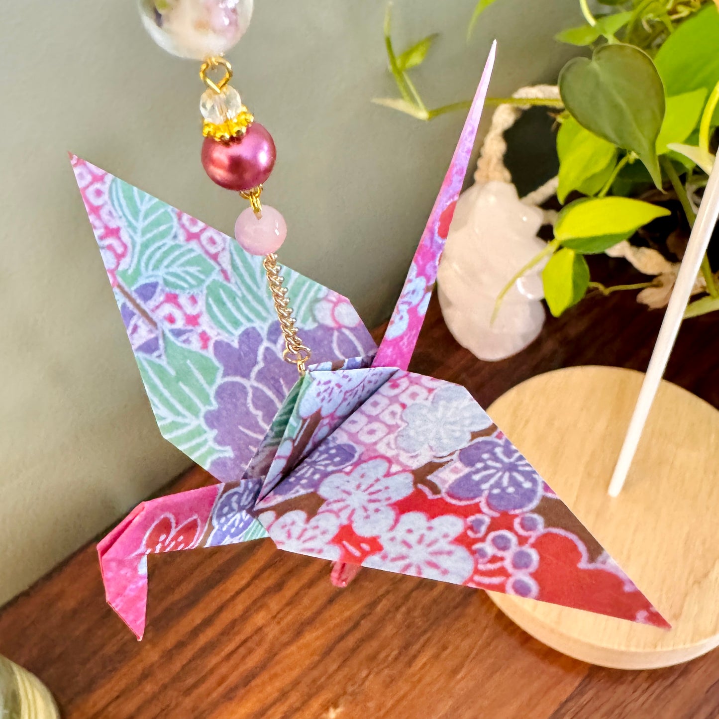 Origami Ornament #2371 - Large Crane with Glass Heart Pendant