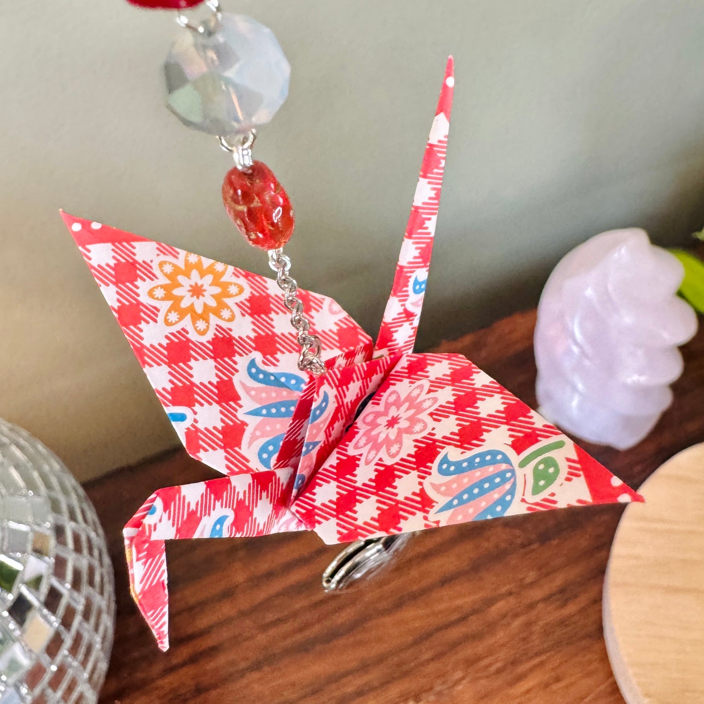 Origami Ornament #2452 - Medium Crane with Heart Locket