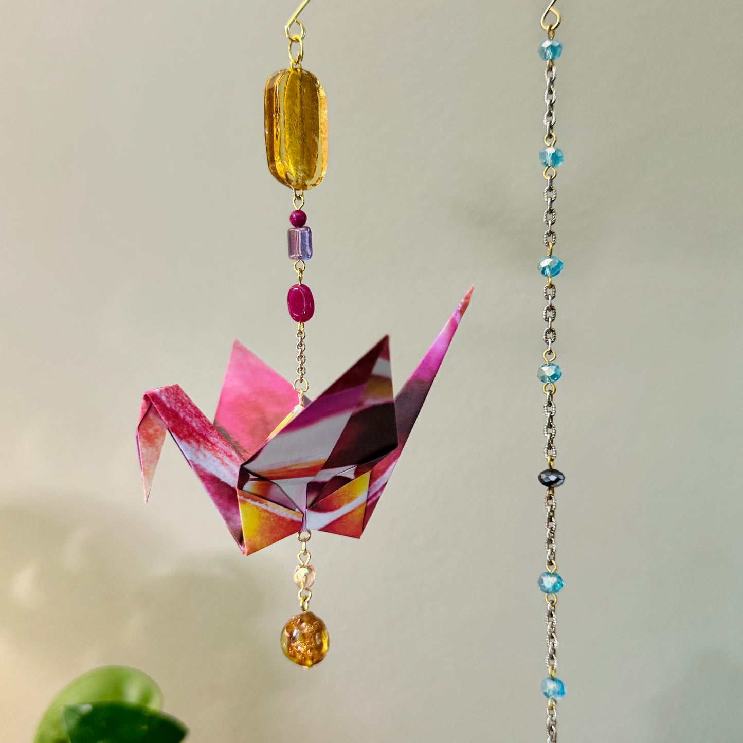 Origami Ornament #2214 - Large Crane with Repurposed Glass Beads
