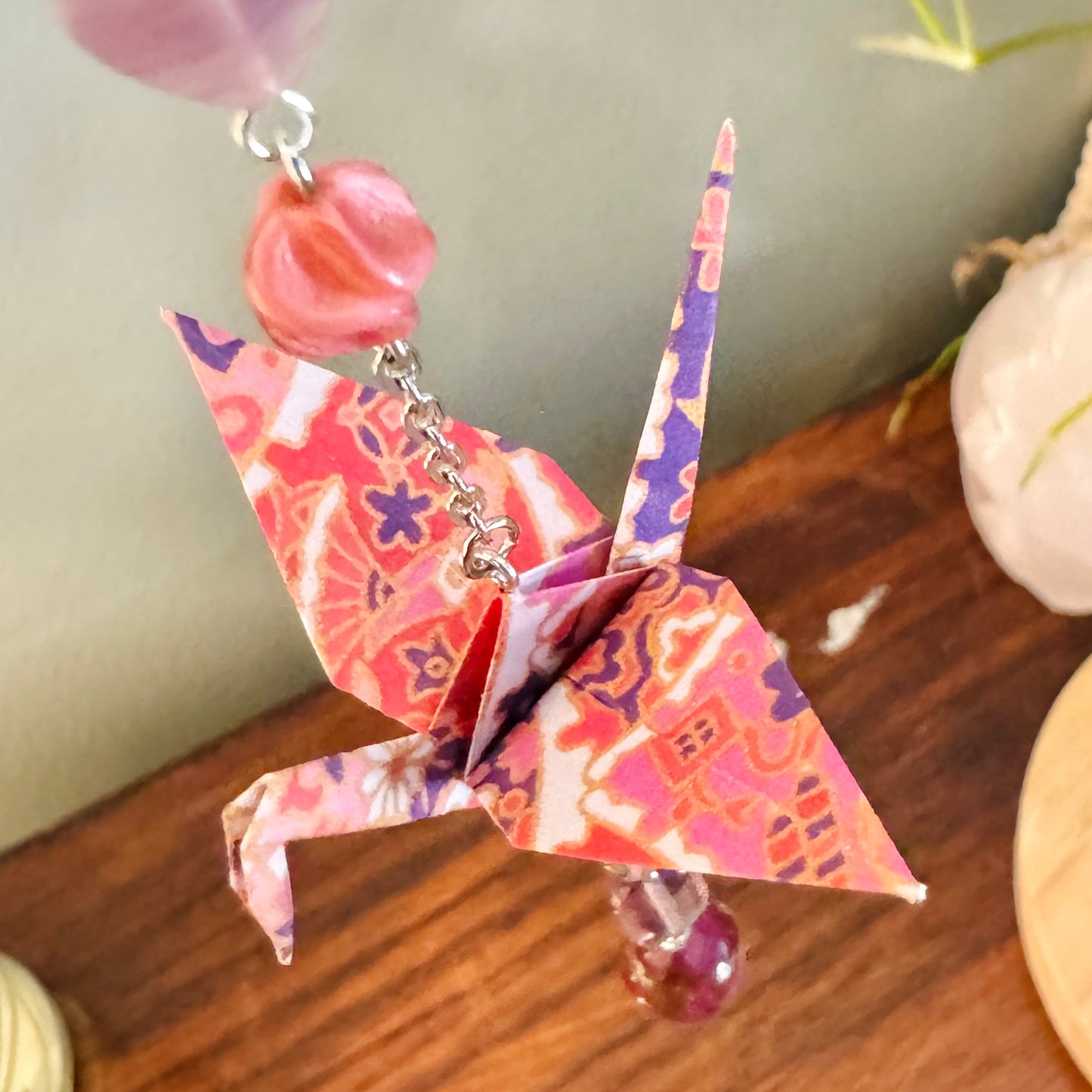Origami Ornament #2376 - Small Crane with Stone and Glass Beads