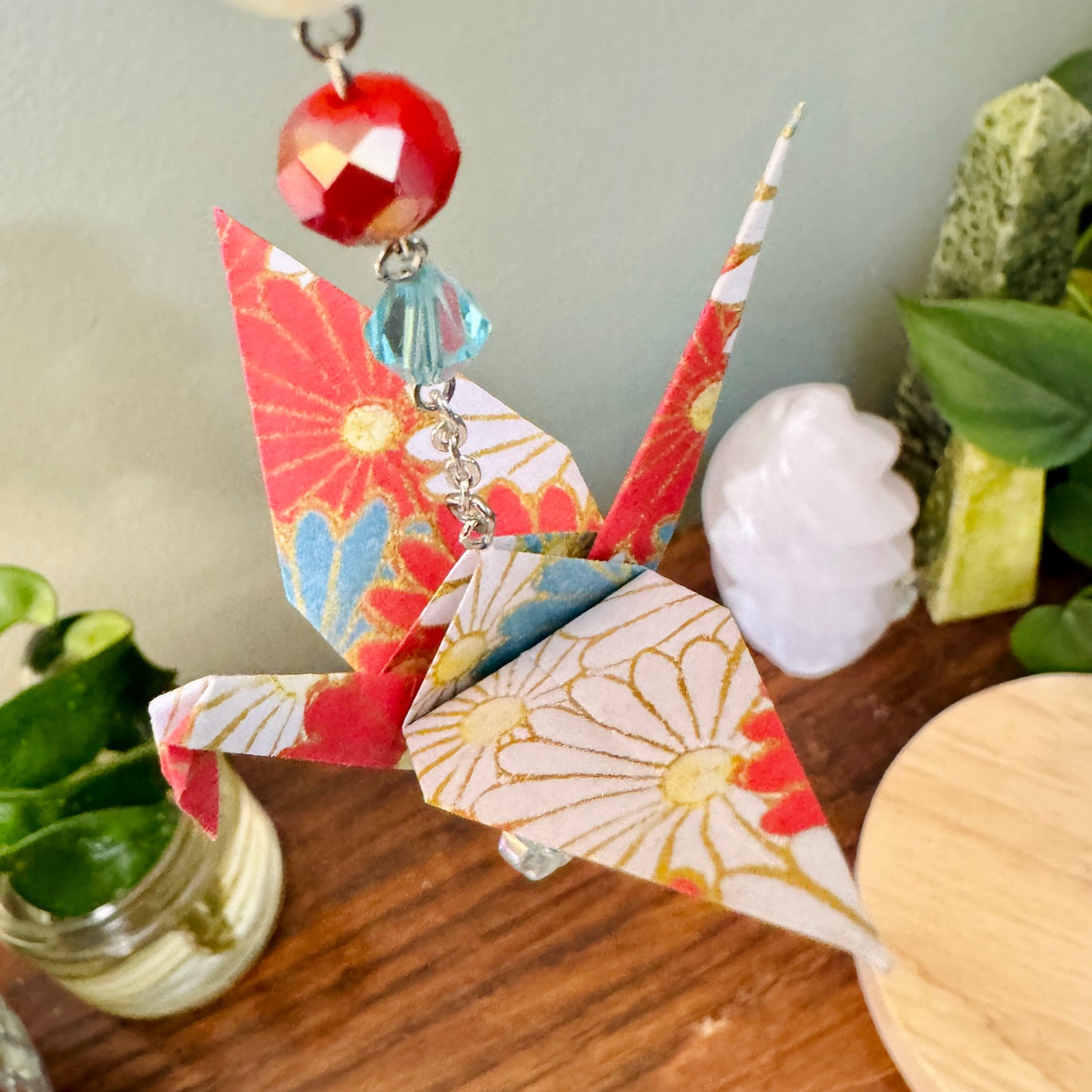 Origami Ornament #2208 - Medium Crane with Glass Beads