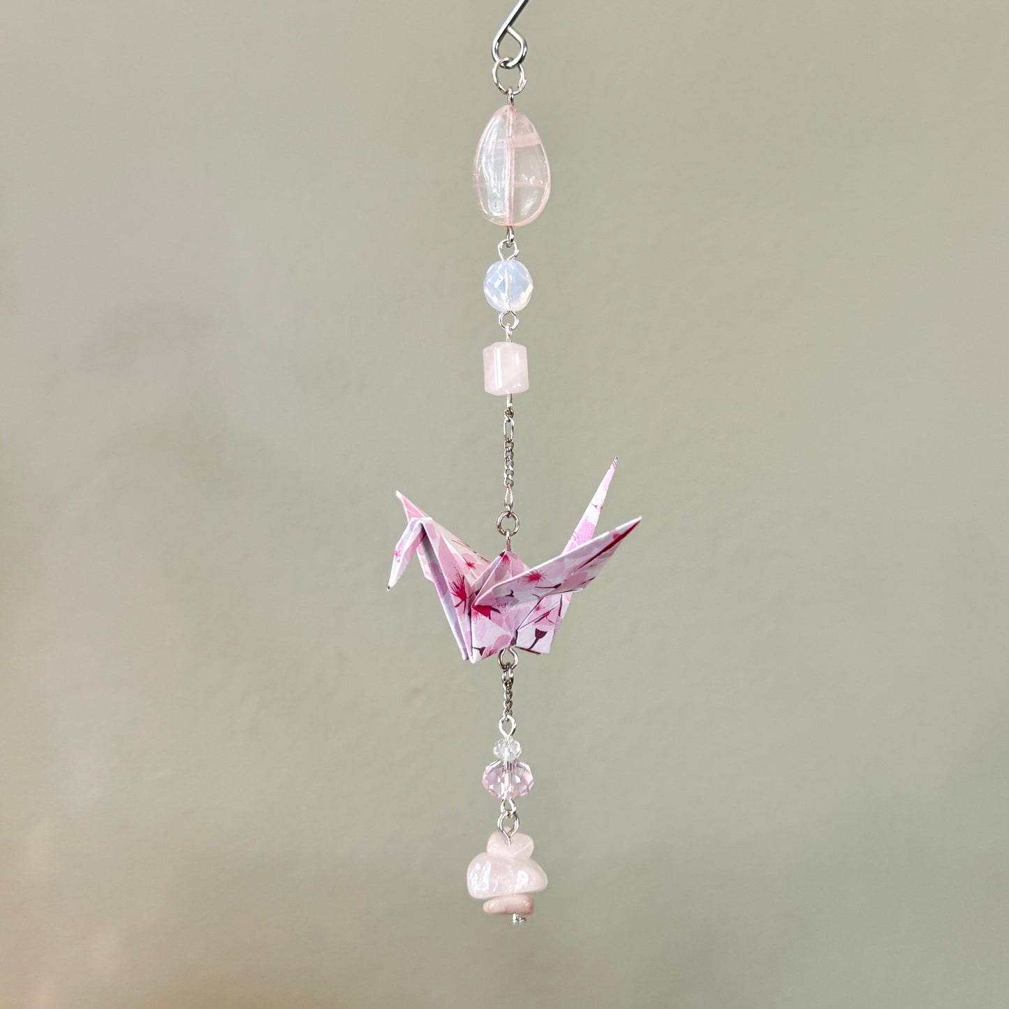 Origami Ornament #2443 - Small Crane with Glass and Rose Quartz Beads