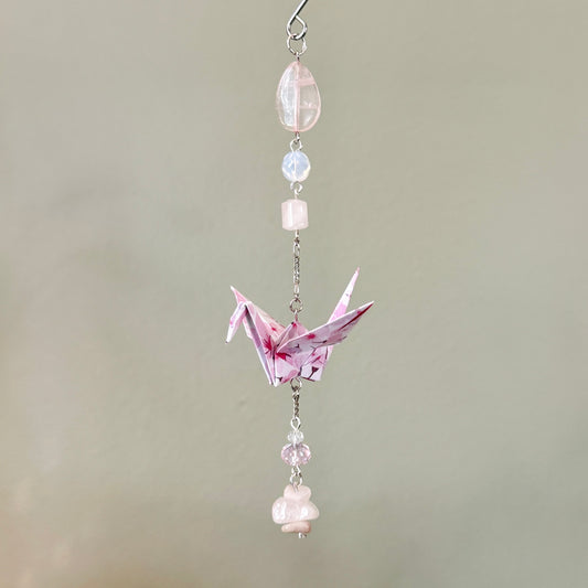 Origami Ornament #2443 - Small Crane with Glass and Rose Quartz Beads