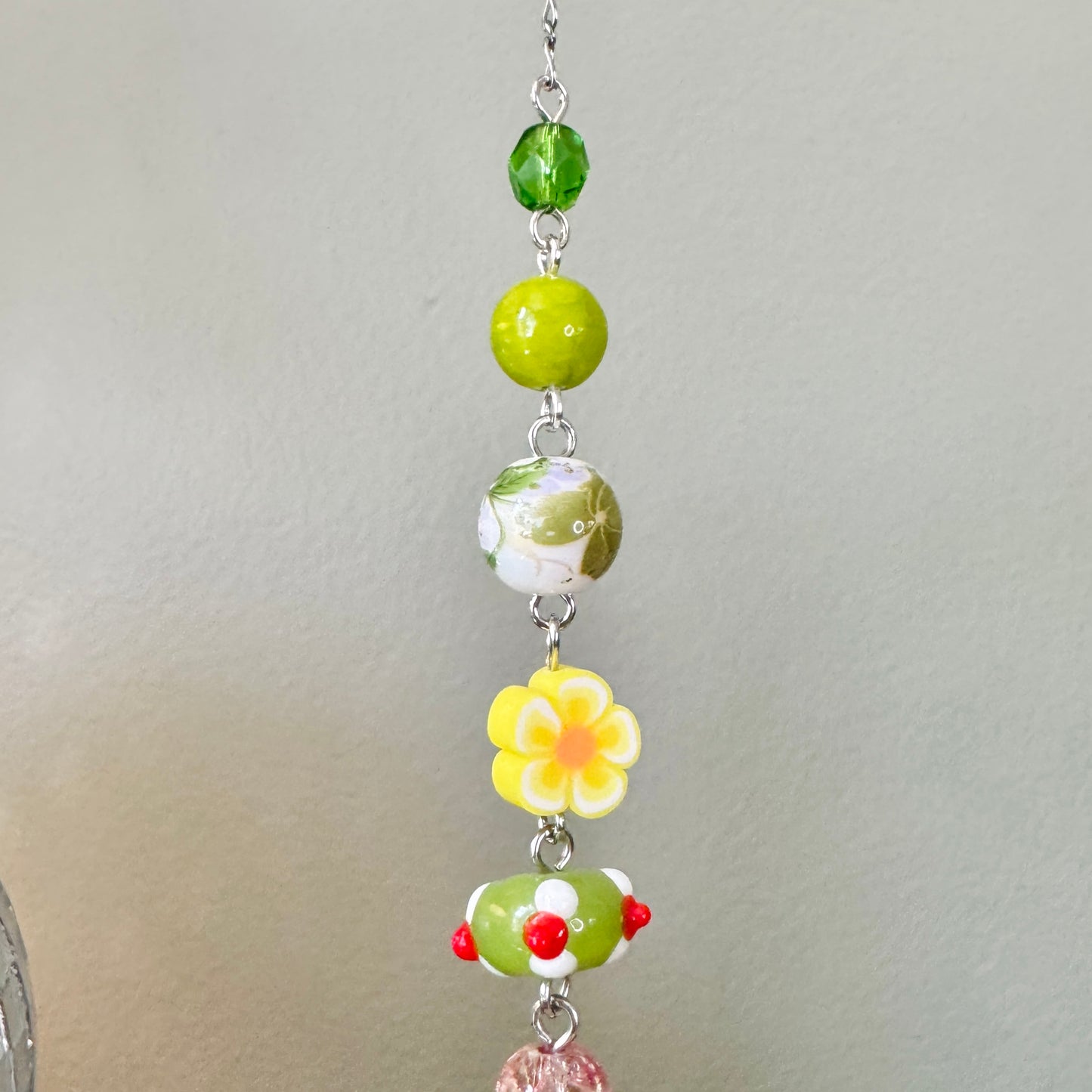 Origami Ornament #2459 - Medium Crane with Glass Flower Pendant