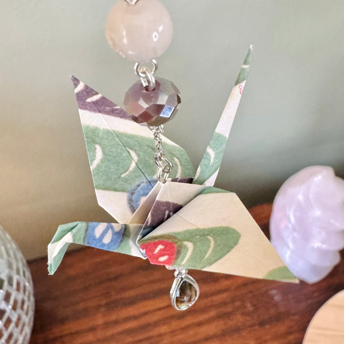 Origami Ornament #2440 - Small Crane with Repurposed Jewelry