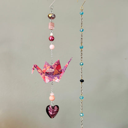 Origami Ornament #2454 - Medium Crane with Glass Heart